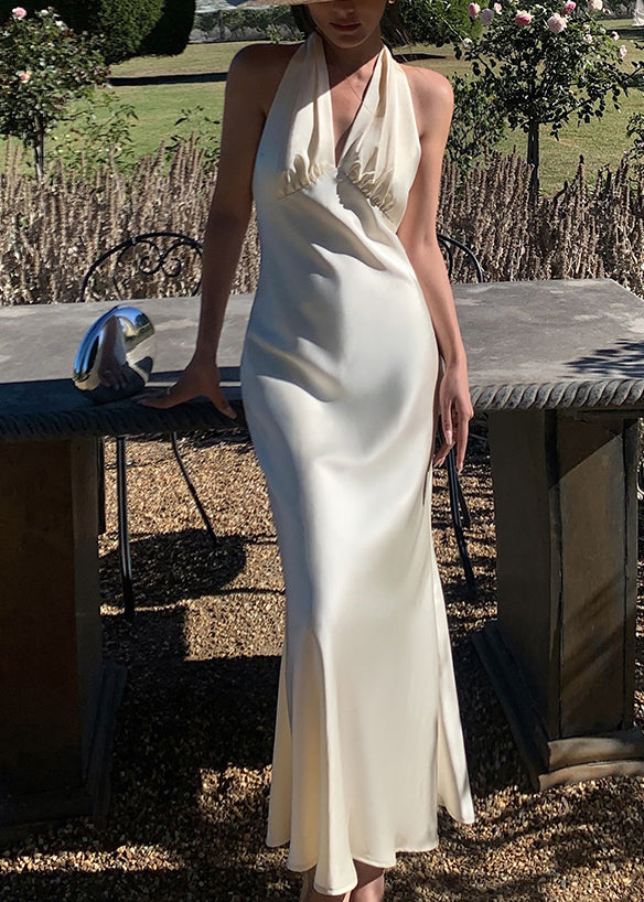 Dresses V Solid Silk Neck Sleeveless Long Art Backless Beige FashionChic