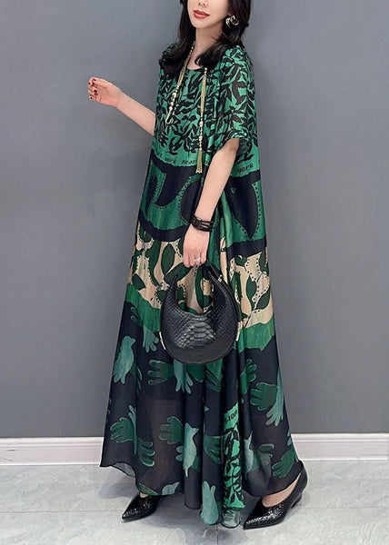 Bohemian black texture O Neck Pockets Print Patchwork Silk Long Dresses Summer TT1032 shopify