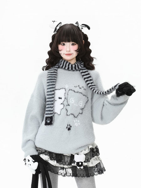 in with Pattern Grey/Black Scarf Cat Kawaii Striped Daily Sweater Set FashionChic