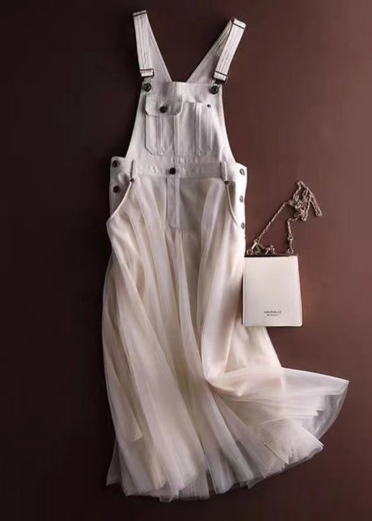 Unique Dress White Summer Patchwork Tulle Denim Strap FashionChic