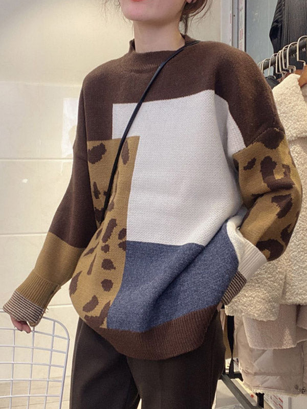 Original Brown Round-Neck Contrasting Color Blocks Leopard Long Sleeve Sweater AN1048 Genistyle Shop
