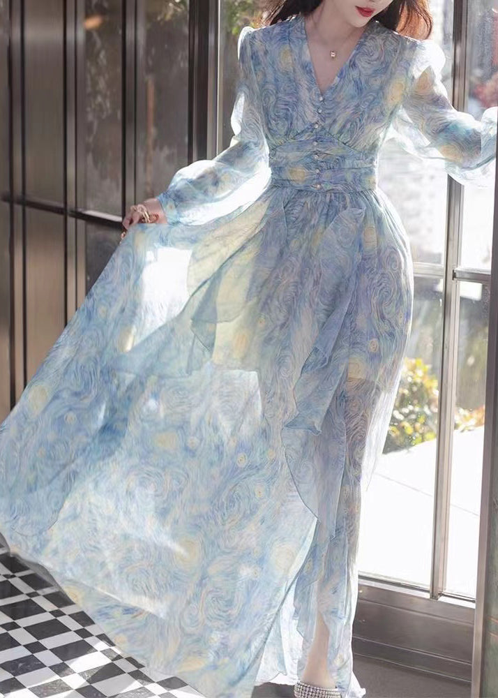 New Blue V Neck Print Chiffon Long Dresses Long Sleeve AJ1039 shopify