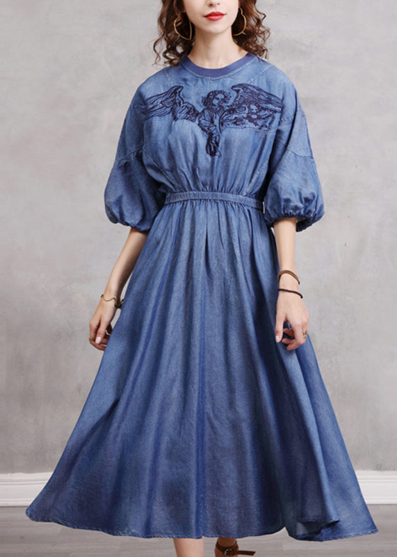 Vintage Blue Embroidered Elastic Waist Long Denim Dress Lantern Sleeve NN024 shopify