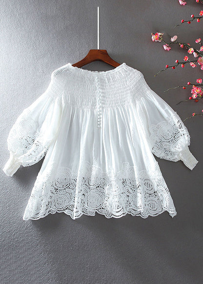 French White O-Neck Wrinkled Patchwork Hollow Out Shirt Long Sleeve NN036 shopify