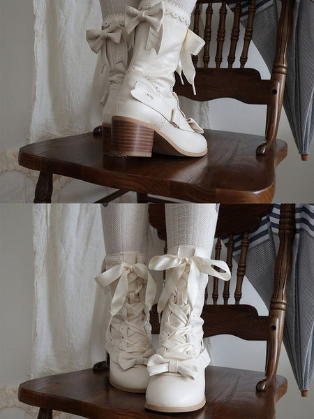 with Hem Bow Sweet Beige Mid-Heel Design in PU Leather Scalloped Matte Boots FashionChic