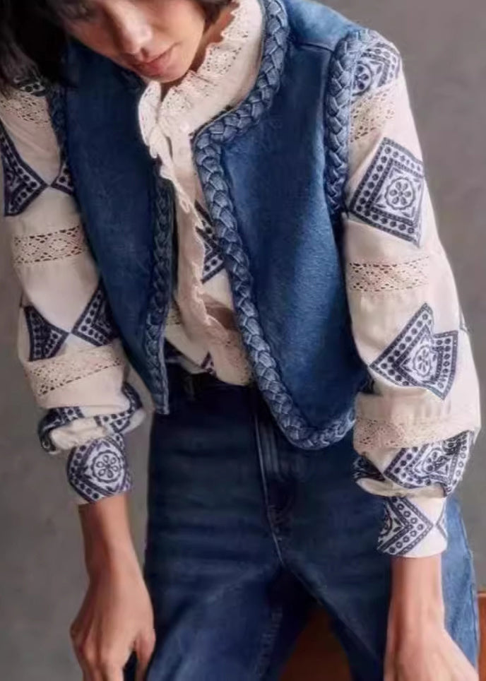O Bohemian Cotton Filled Blue Fine Denim Vest Neck Sleeveless FashionChic