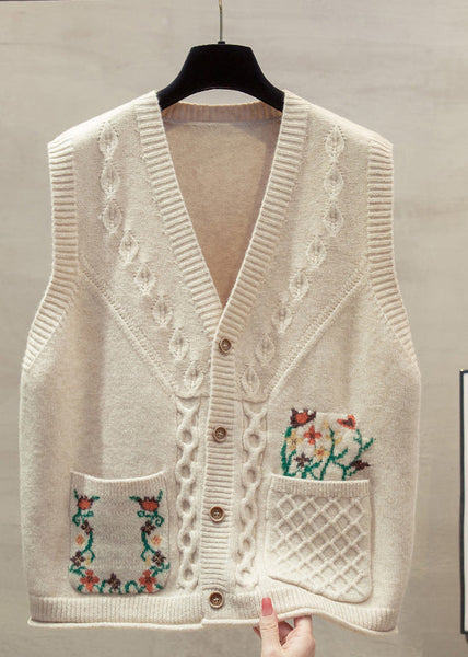 Natural Yellow V Neck Floral Cotton Knitted Waistcoat Fall QP014 OL-NTP241001