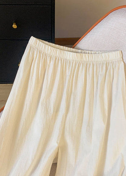 Summer Straight Lace Pants Beige Unique Patchwork Waist Elastic FashionChic