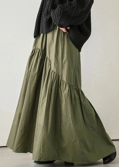 Army Elastic Green Skirt Spring Waist Cotton Loose Wrinkled FashionChic
