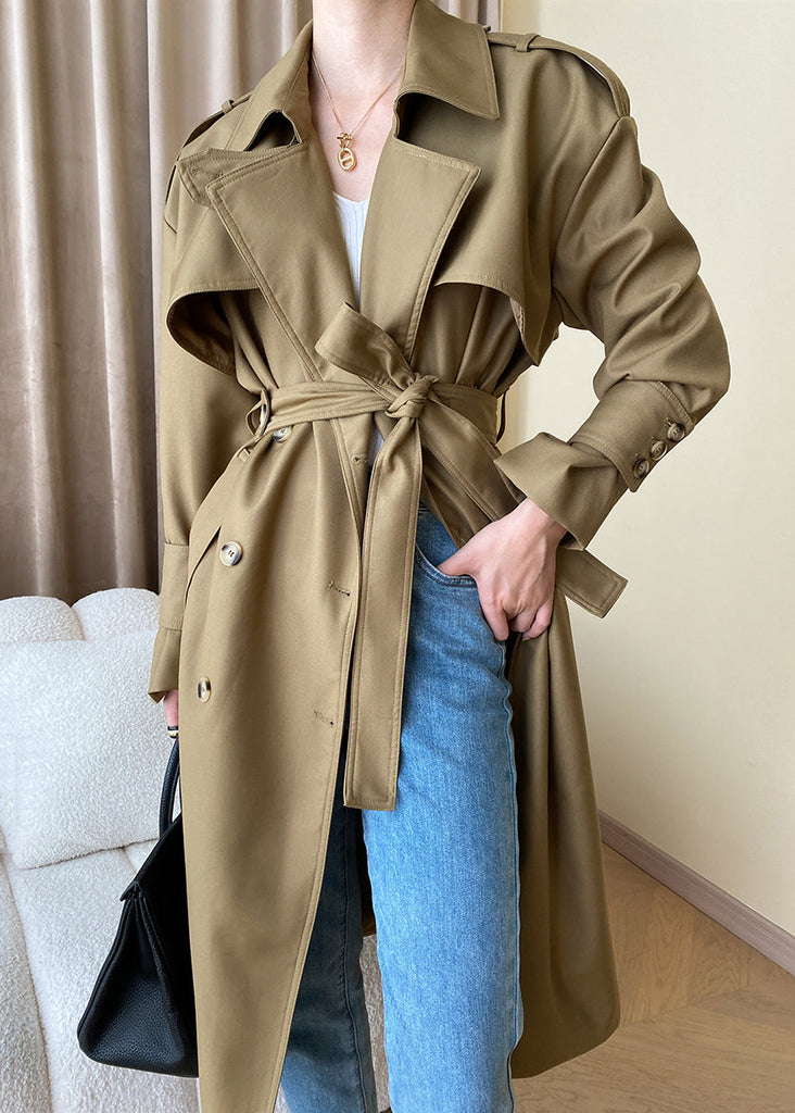 Loose Khaki Pockets Tie Waist Cotton Trench Coat Long Sleeve AF1093 HS-TCT240914