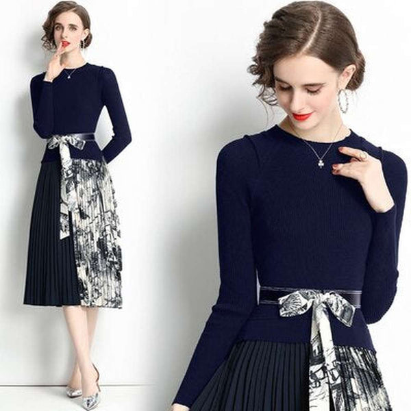 Women Black O-neck Belt Patchwork Floral Print Pleated Hem Long Sleeve Knit Dress AR1001 shopify