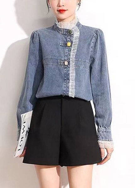 French Blue Stand Collar Asymmetrical Patchwork Lace Cotton Denim Coats Long Sleeve AJ1005 shopify