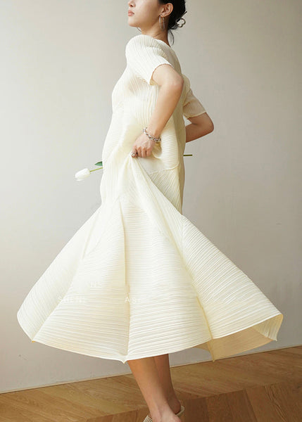 Cotton French Dresses Beige Style Summer Wrinkled FashionChic