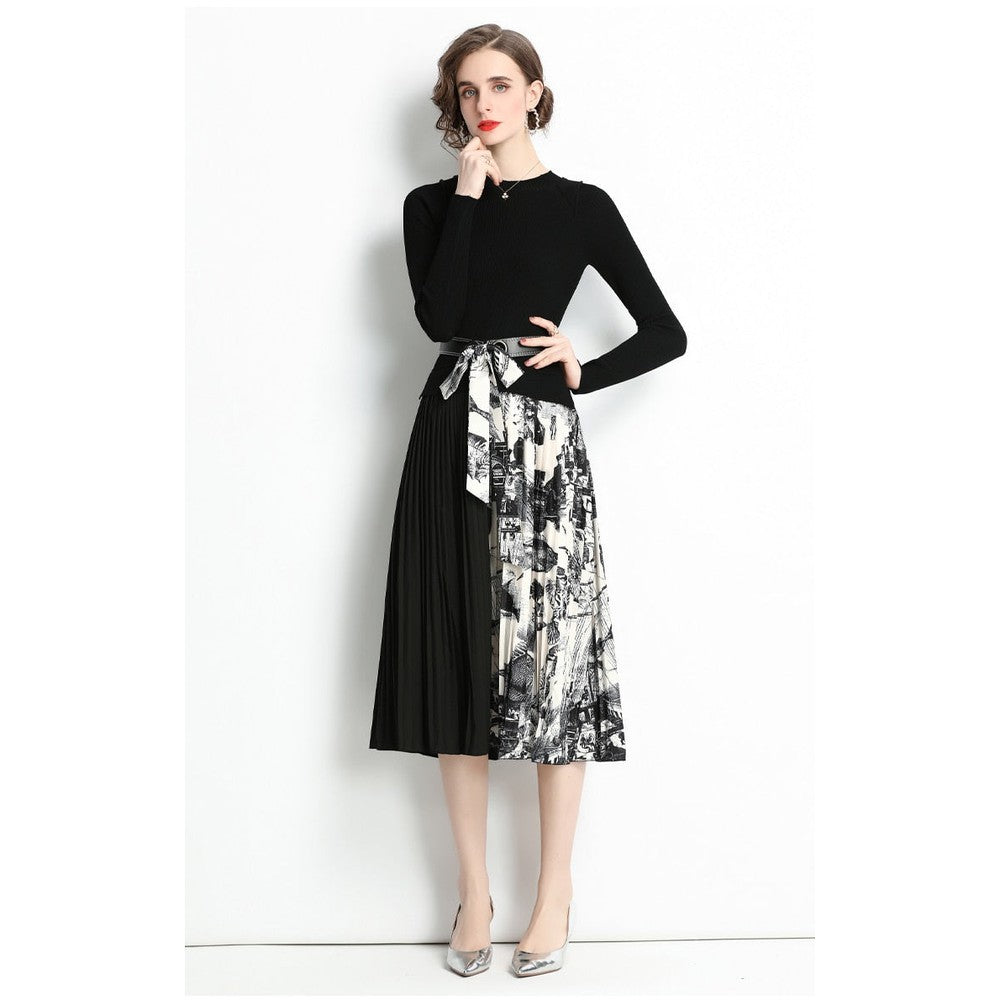 Women Black O-neck Belt Patchwork Floral Print Pleated Hem Long Sleeve Knit Dress AR1001 shopify