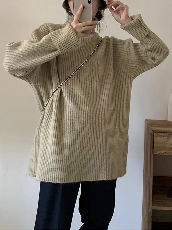 Simple Blue High Neck Split-Side Long Sleeve Sweater QX013 shopify