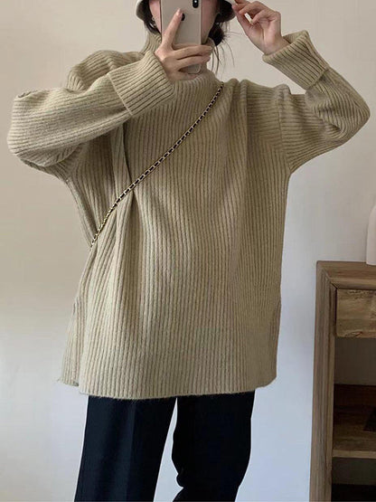 Simple Blue High Neck Split-Side Long Sleeve Sweater QX013 shopify