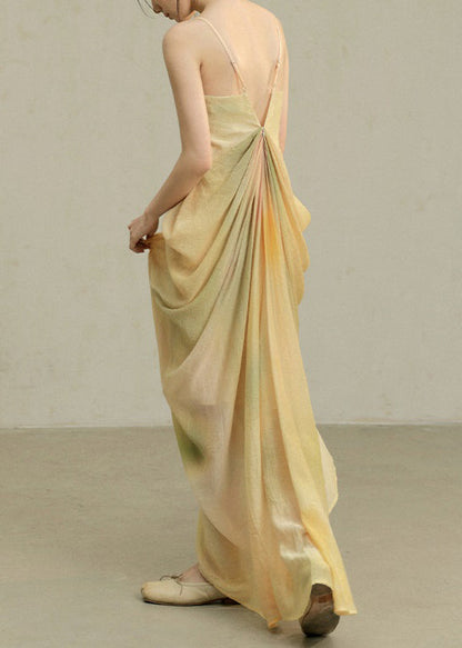 Novelty Wrinkled Dye Spaghetti Cotton Dress Tie Yellow Strap FashionChic
