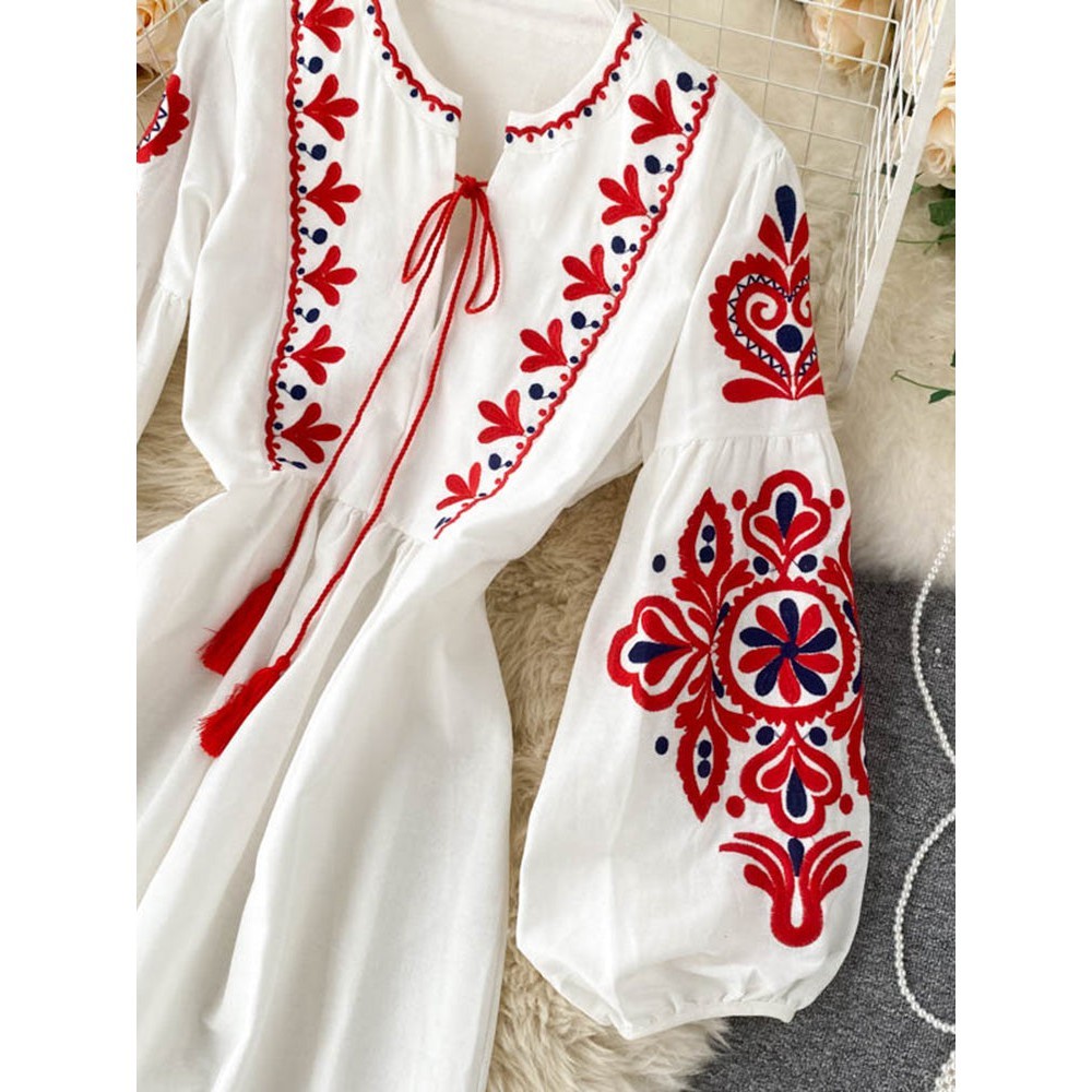 Bohemian Navy O-Neck Lacing Embroidered Flower Lantern Sleeve A-line Dress AR1011 shopify