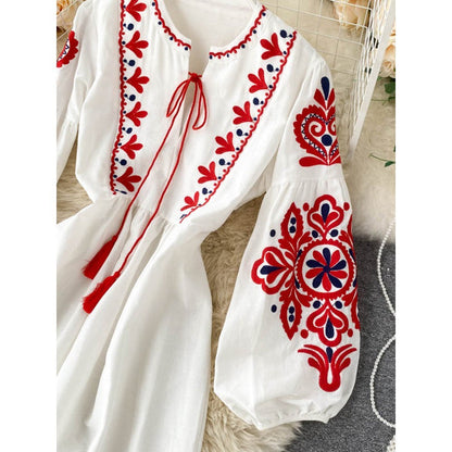 Bohemian Navy O-Neck Lacing Embroidered Flower Lantern Sleeve A-line Dress AR1011 shopify
