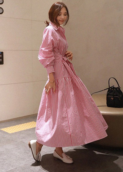 Pan Collar DIY Wrinkled Striped Waist Button Tie Peter Red Cotton FashionChic