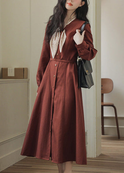 Fit Slim Pockets Dress Bow Red Spring Maxi Button FashionChic