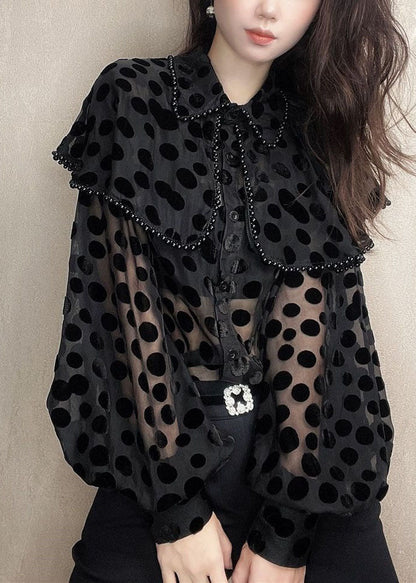 Patchwork Black Unique Velour Blouses Nail Collar Pan Bead Peter FashionChic