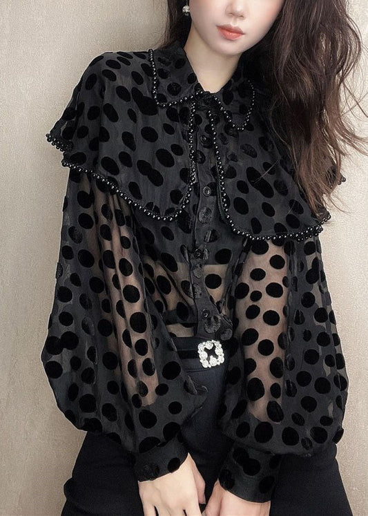Patchwork Black Unique Velour Blouses Nail Collar Pan Bead Peter FashionChic