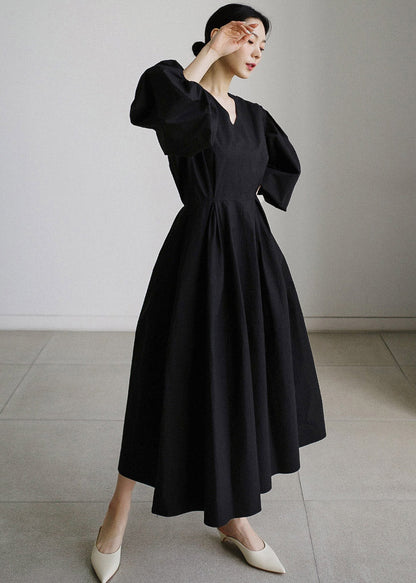 Lantern Cotton Vacation Dress Wrinkled Sleeve Black Pockets FashionChic