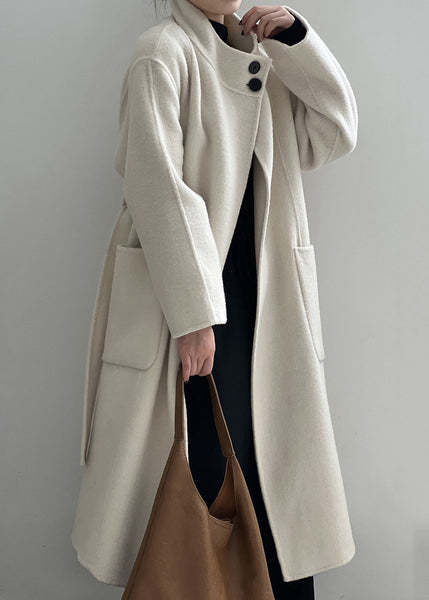 Italian Grey Stand Collar Pockets Tie Waist Woolen Coat Fall AF1099 HS-CTS240914