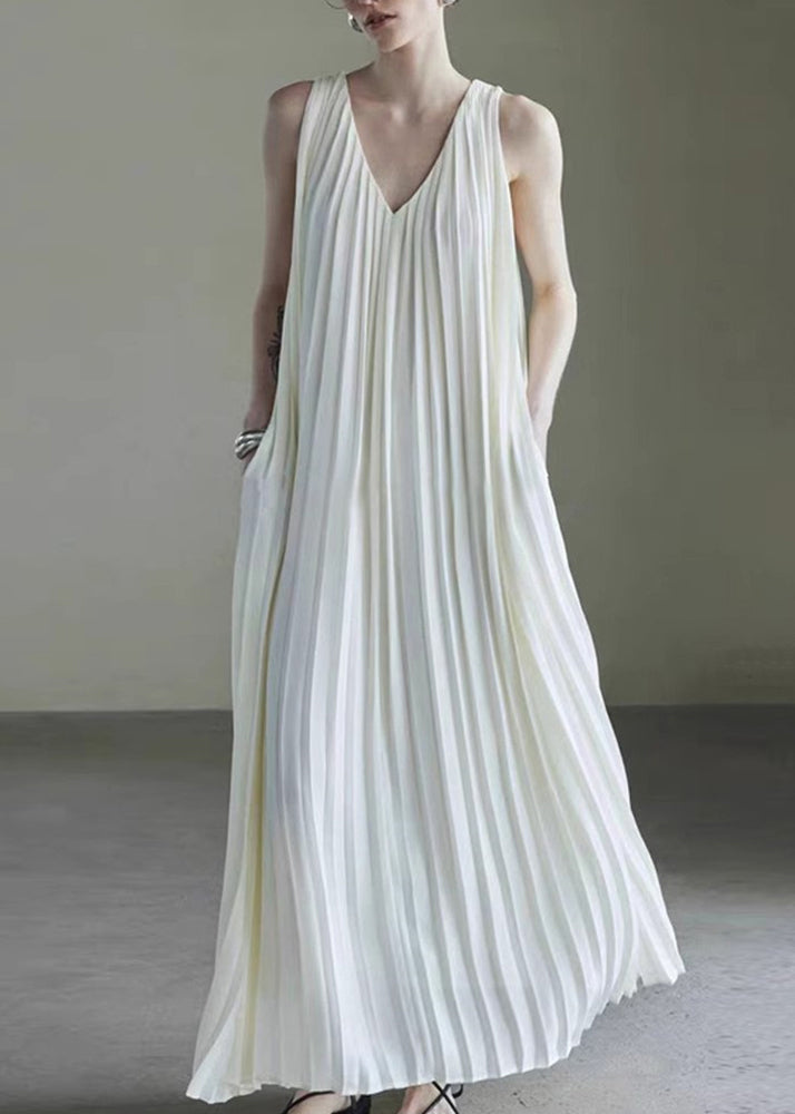Wrinkled Long Dress Simple Neck V White Sleeveless Chiffon FashionChic