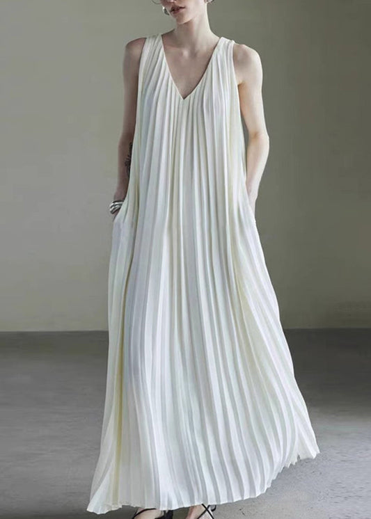 Wrinkled Long Dress Simple Neck V White Sleeveless Chiffon FashionChic