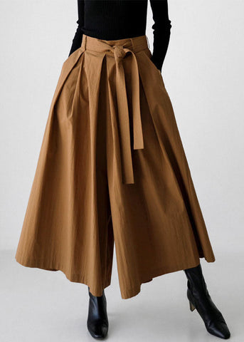 Waist Brown Leg Cotton Spring Pants French High Pockets Wide FashionChic