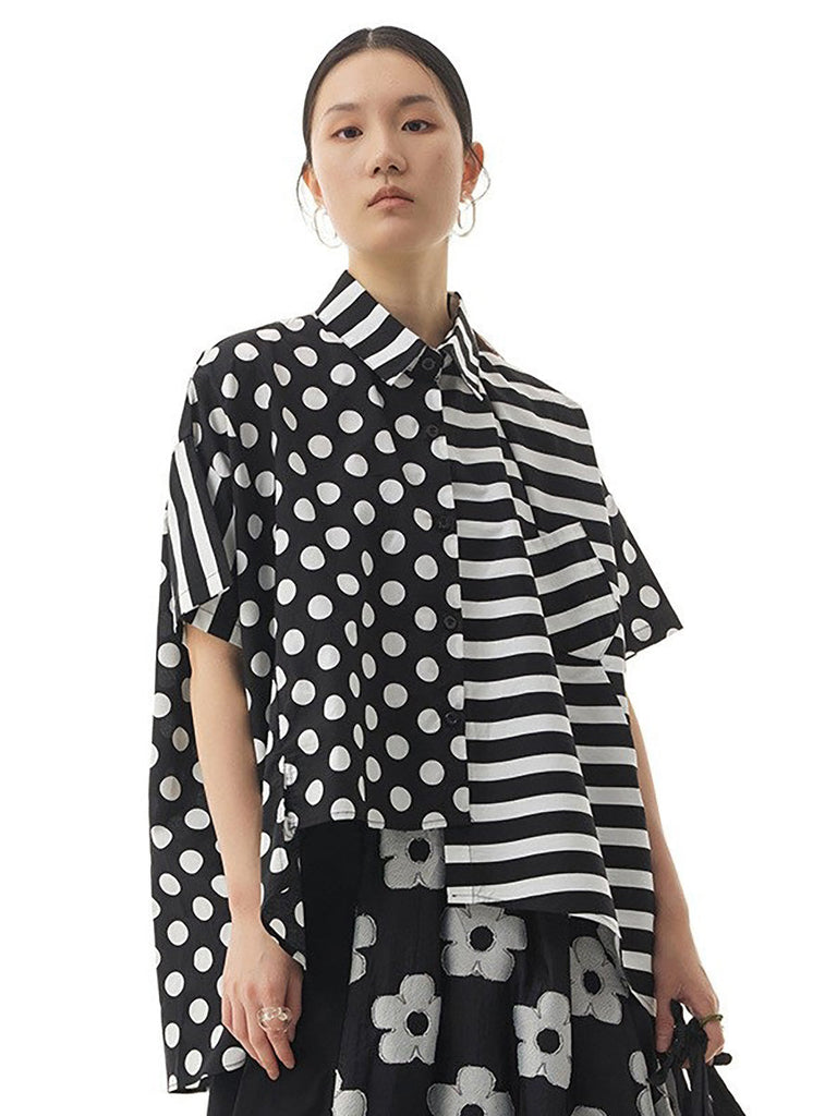 Plus Size Women Cotton Stripe Dot Loose Irregular Shirt AA1022 Ada Fashion