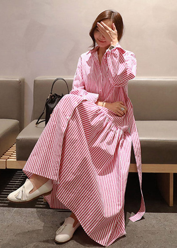 Pan Collar DIY Wrinkled Striped Waist Button Tie Peter Red Cotton FashionChic