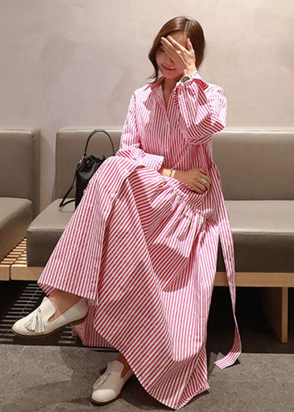 Pan Collar DIY Wrinkled Striped Waist Button Tie Peter Red Cotton FashionChic