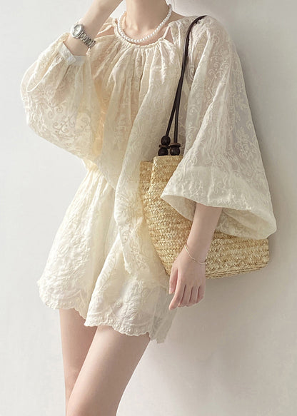 Spring Embroidered And Shorts Set Tops Two Piece Beige Art Cotton FashionChic