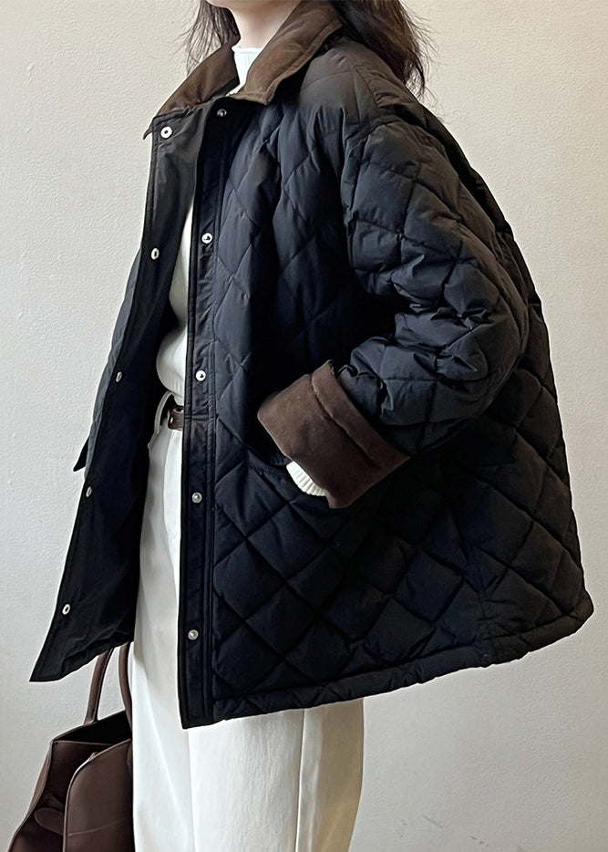 Black Pockets Corduroy Duck Down Puffer Coat Peter Pan Collar Winter AF1045 HS-DJK240914