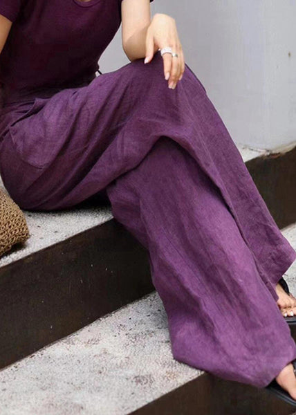 Organic Purple Pockets High Waist Linen Wide Leg Pants Fall AN1019 Genistyle Shop