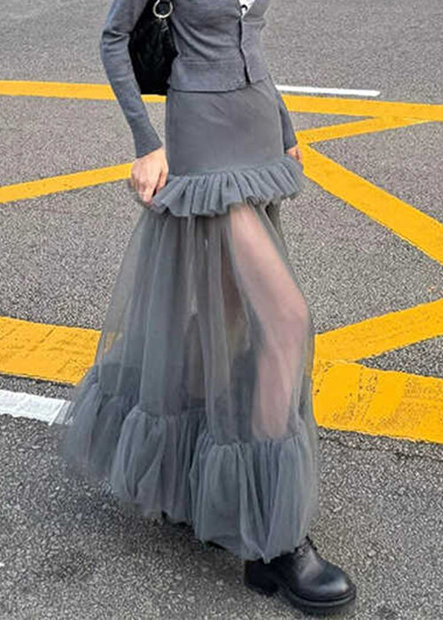 Slim Fit Grey Ruffled Tulle Patchwork Maxi Skirts Spring RV006 ABC