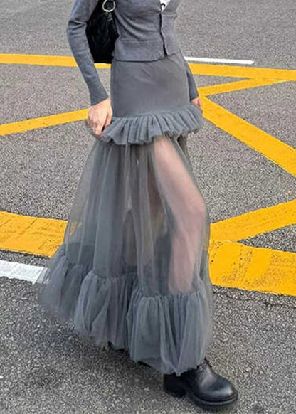 Slim Fit Grey Ruffled Tulle Patchwork Maxi Skirts Spring RV006 ABC