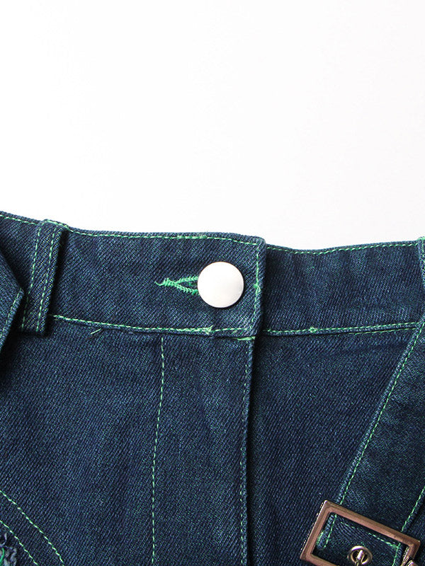 Stylish Denim With Belted Patchwork Blue Green Tulle A-Line Skirt TT1038 shopify