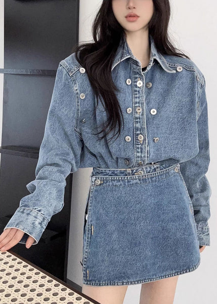 French Blue Peter Pan Collar Button Denim Two-Piece Set Fall EE005 shopify