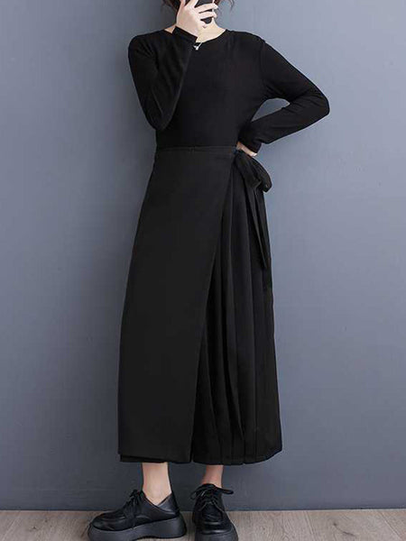 Stylish Black Elasticity High Waisted Asymmetric Tied Patchwork Pleated Ninth Pants WS015 shopify