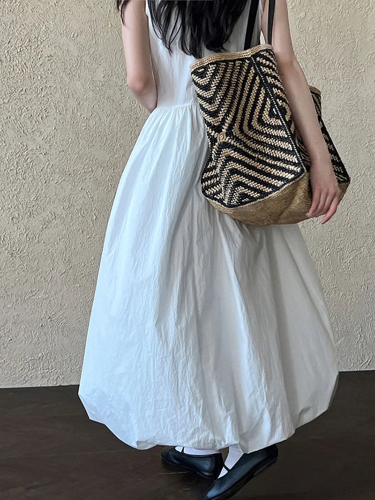 Patchwork O-neck Dress Simple Sleeveless Blue Puff Hem FashionChic