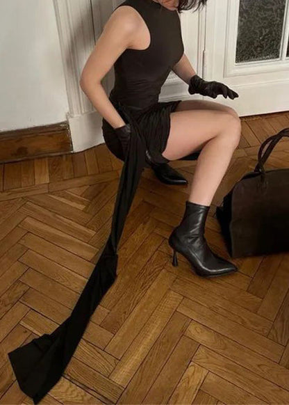 Brown Turtleneck Cotton Mid Fit Dress Wrinkled Sleeveless Slim FashionChic