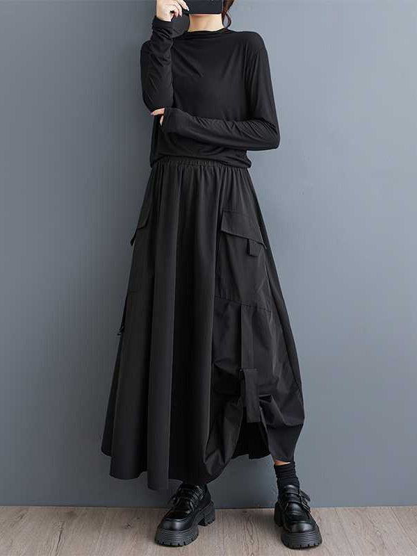 Sports Black Elasticity Pleated Pockets Split-Joint A-Line Skirt WS005 shopify