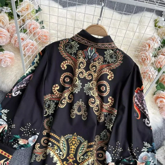 Retro Black Lapel Field Totem Print Buttoned Lantern Sleeve Blouse AR1004 shopify