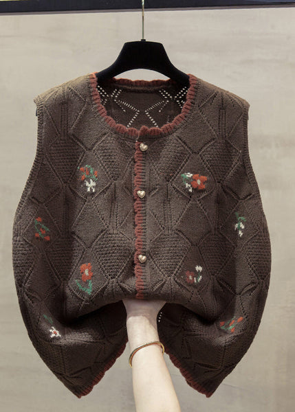 Unique Beige O-Neck Embroidered Floral Cotton Knit Waistcoat Fall QP013 OL-NTP241001