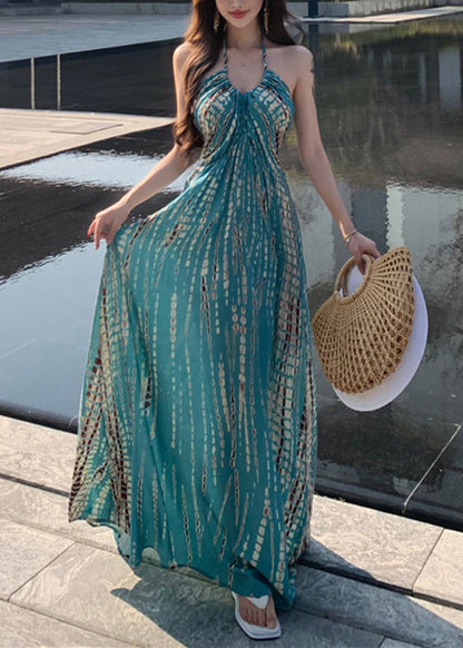 Print Dress Sleeveless Backless Blue Vacation Cotton Stylish FashionChic