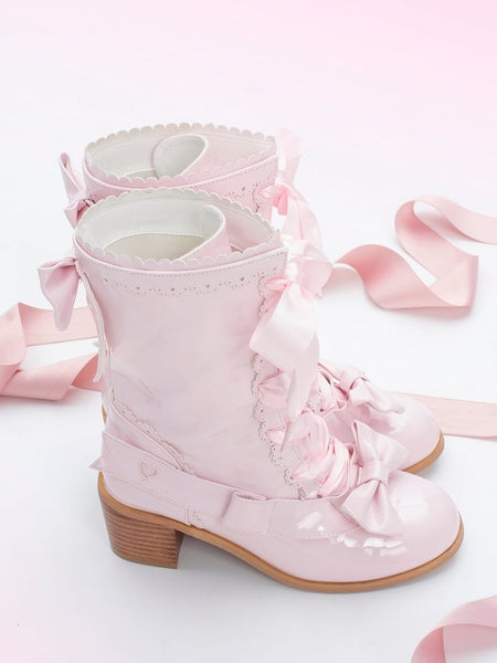 PU Lolita Leather Pink with Bow Boots Mid-Heel Detail Sweet Polished FashionChic